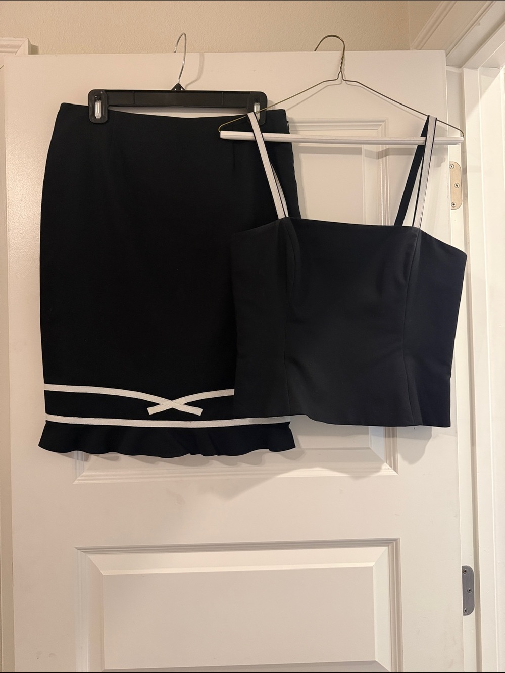 Etcetera Black Pencil Skirt and Crop Top Set with White Trim